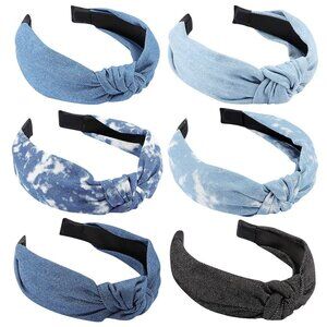 Denim Wide No-Slip Fashion Boho Turban Elastic Headbands - Blue Jean Knotted Top